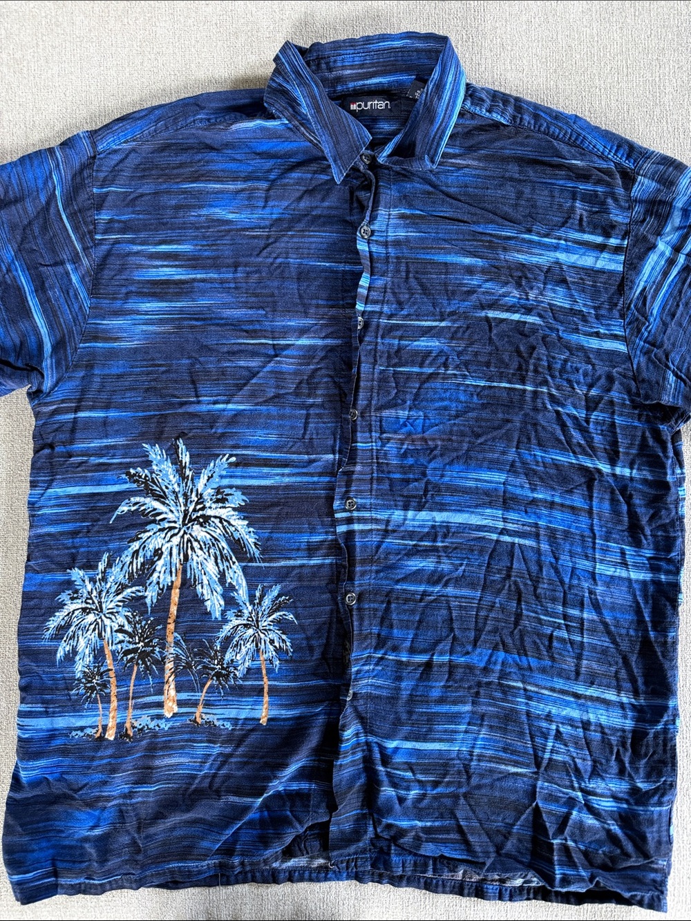 Puritan Blue Striped Palm-Print Short-Sleeve Button-Down Shirt
